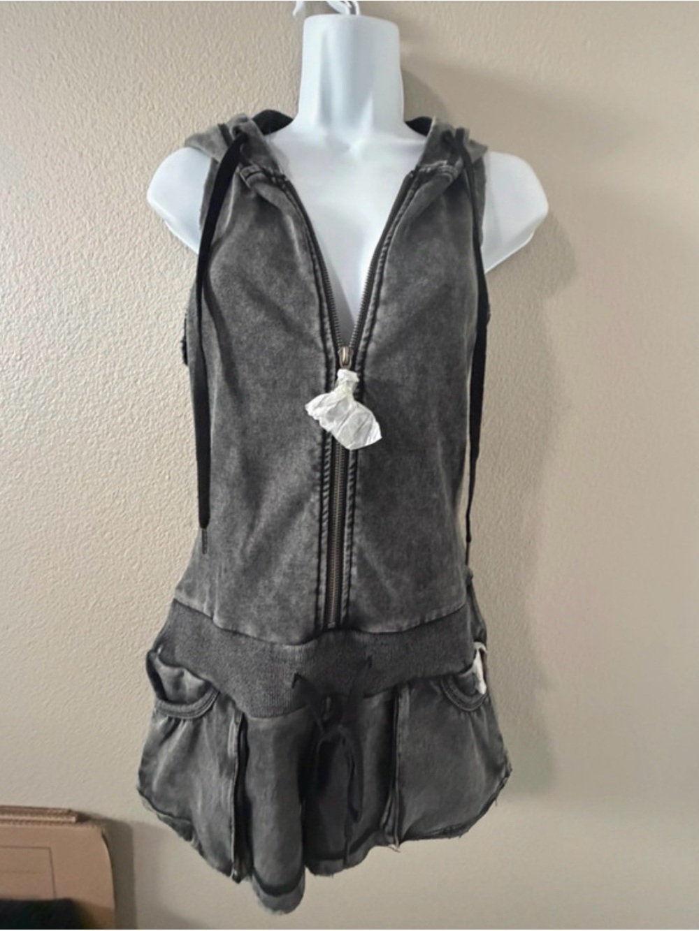 Sleeveless Washed Charcoal Zip-Up Hoodie Dress